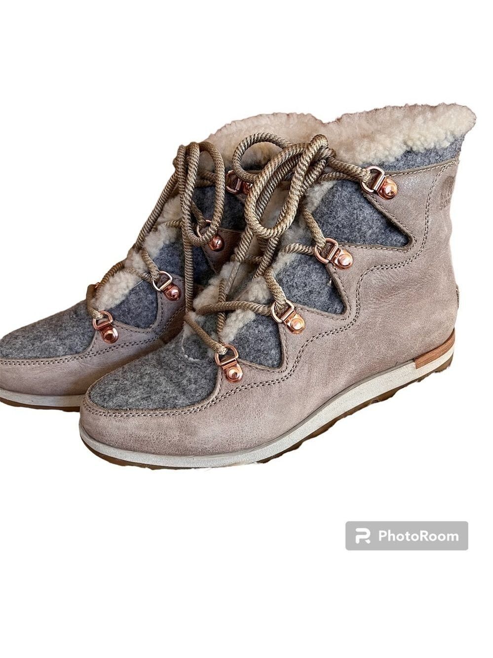 NWOB Sorel Sneakchic Alpine Shearling & Leather Lace Up Boots Sz-7